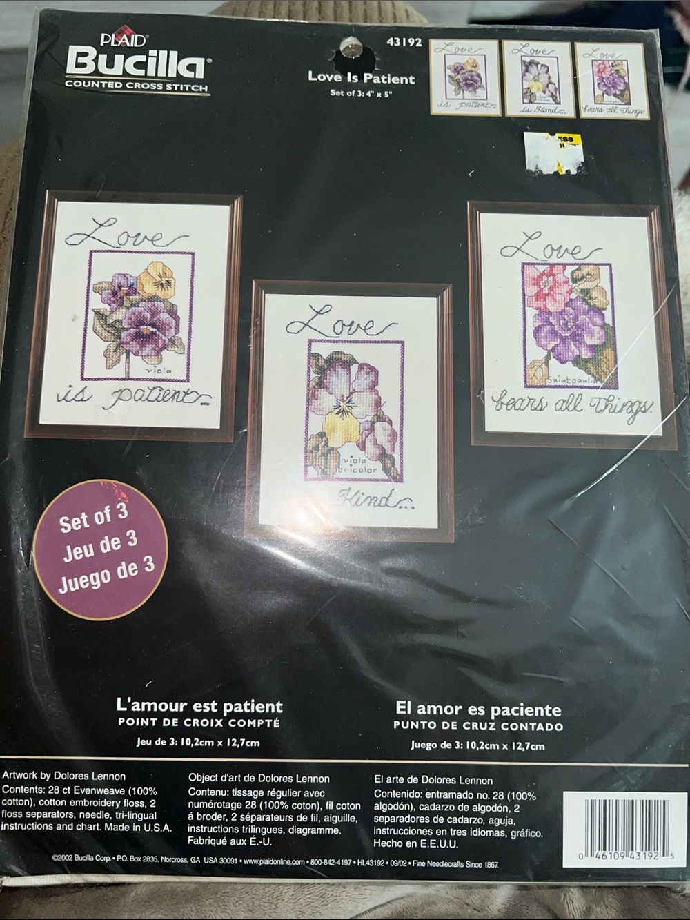 Vintage Bucilla LOVE IS PATIENT Floral Cross Stitch Kit. Pics in Purple & Cream